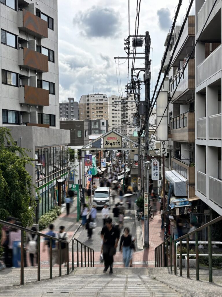 階段の上から見下ろした谷中銀座の商店街
