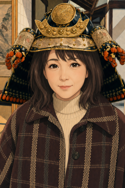 広島城で兜をかぶった珠緒